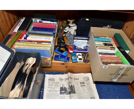 THREE BOXES AND LOOSE SUNDRY ITEMS, to include books, records, briefcases, Corgi Toys 'Rolls Royce', 'Jaguar XJ12C', '007 Lot