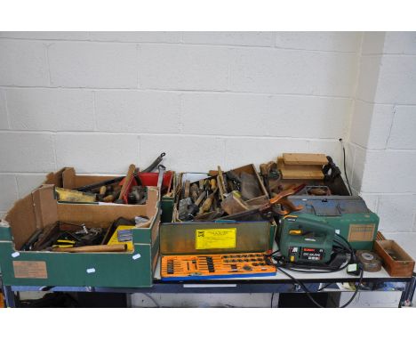 FOUR TRAYS CONTAINING HAND TOOLS AND A BOSCH PST 65 PAE JIGSAW (PAT pass and working), including a spindle moulder head with 