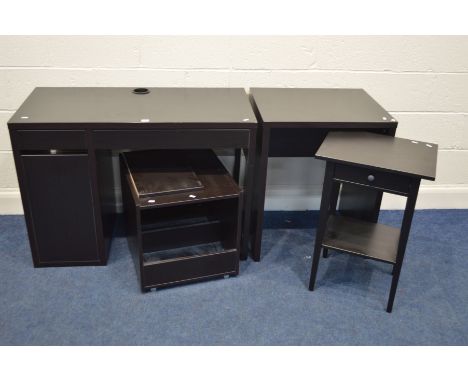 A MODERN BLACK FINISH DESK, together with another similar desk, trolley and lamp table (4)