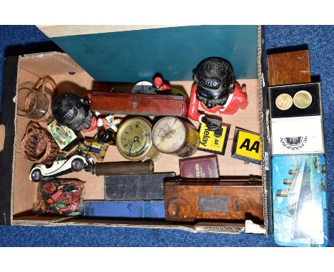 A BOX OF COLLECTABLES AND SUNDRIES, including two cased hydrometers, one stamped Loftus, the other Sikes, Loftus example lack