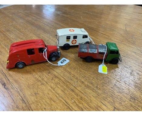 THREE TRI-ANG MINIC VEHICLES, Fire Engine, No. 62M, missing ladders, hose and bell, Ambulance, No. 75M (complete with stretch