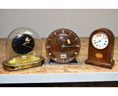 THREE MANTLE CLOCKS, including dome topped mantle clock, enamel dial with Arabic numerals and key, Kundo clock having glass d