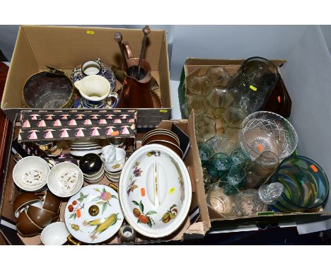 THREE BOXES OF GLASSWARE , CERAMICS AND METALWARES, including Royal Worcester Evesham twin handled tureen and cover, seven ra