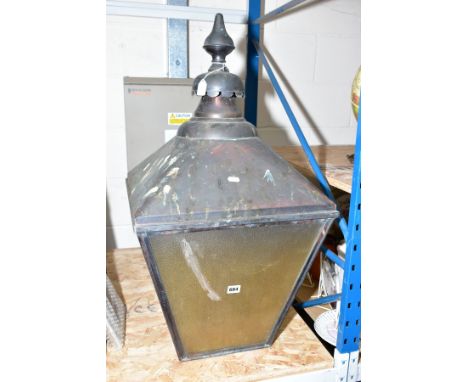 A COPPER VINTAGE STYLE STREET LAMP, having plastic inserts on four sides and the base standing 88cm in height, including the 