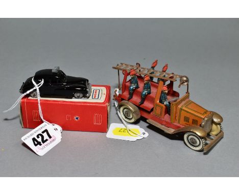 A TINPLATE CLOCKWORK FIRE ENGINE, faded brown bonnet and cab, red chassis and body, movable ladder, part bell and five fireme