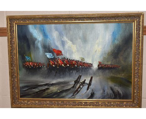 JOHN BAMPFIELD (BRITISH 1947) 'CAVALRY CHARGE', redcoat troops on horseback, signed lower right , oil on canvas, framed size 