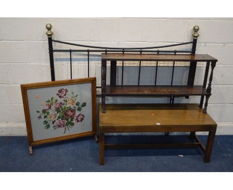 A HARDWOOD CAMPAIGN COFFEE TABLE, together with an oak needlework firescreen, oak two tier stand and a metal 4' 6'' headboard