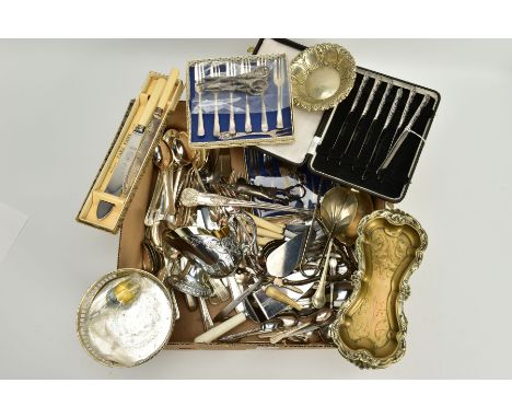 A SELECTION OF METALWARE AND ITEMS, to include a small selection of silver handled manicure tools such as a nail file, two pa