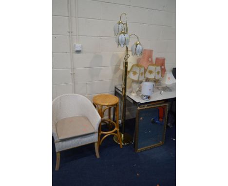 A MODERN BRASSED TRIPLE BRANCH UPLIGHTER, together with seven various table lamps (sd), a gilt framed wall mirror, bamboo sto