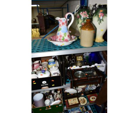 FOUR BOXES AND LOOSE SUNDRY ITEMS ETC, to include a Viners plated candelabra Swiza overwound alarm clock,  brass candlesticks