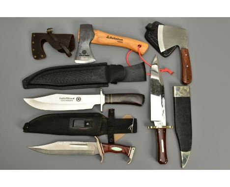 A NUMBER OF BOWIE KNIVES AND HAND AXES ALL WITH SHEATHS consisting of a Bowie Knife by G Wosten Holmaston Model 1XL, a Smith 