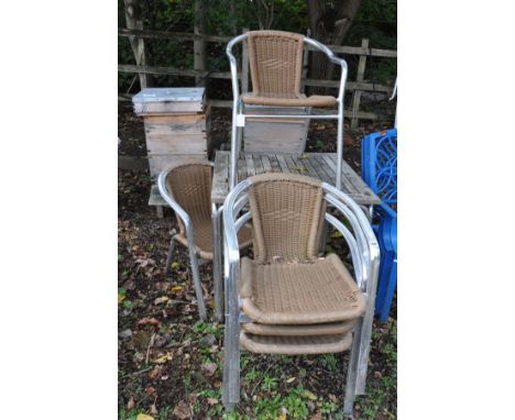 A MODERN HARDWOOD AND TUBULAR METAL GARDEN TABLE, 80cm wide x 80cm deep x 73cm high and five similar garden chairs