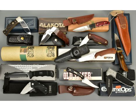 A COLLECTION OF BOXED KNIVES consisting of Smith &amp; Wesson lock knife in sheath, an American Lynxlite fixed blade Wood Mir