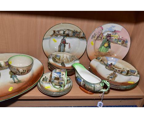 ROYAL DOULTON DICKENS WARE TEA/DINNER WARES, comprising 'Bill Sykes' gravy boat (paint flecks), 'Little Nell' sugar bowl (cra