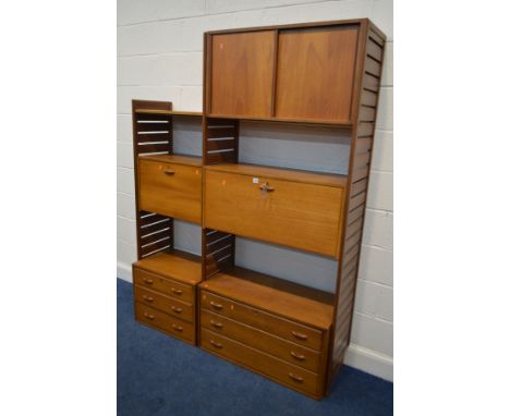 A STAPLES LADDERAX TEAK TWO SECTION WALL MODULAR SHELFING SYSTEM, comprising two tall wooden laddered uprights, height 201cm 