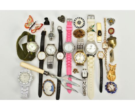 A MISCELLANEOUS SELECTION OF ITEMS, to include a small quantity of costume jewellery such as brooches, a glass butterfly pend