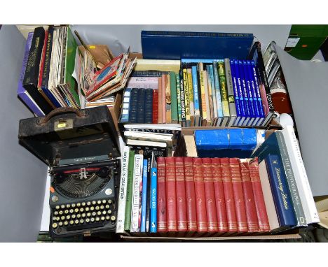 THREE BOXES OF BOOKS, RECORDS, ETC AND A SMITH PREMIER TYPEWRITER, including vintage Children's annuals, etc, National Geogra