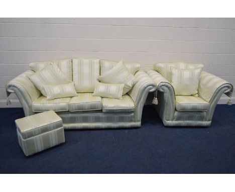 A RALVEN UPHOLSTERY STRIPPED CREAM THREE PIECE LOUNGE SUITE, comprising a three seater settee, width 213cm, armchair width 11