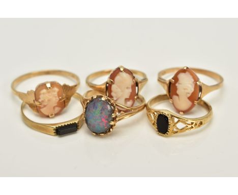 A SELECTION OF GEM SET RINGS, to include an opal triplet, hallmarked 9ct gold Birmingham, ring size J 1/2, an oval onyx signe