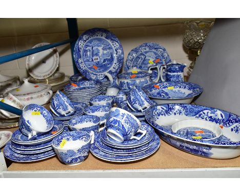 SPODE ITALIAN BLUE DINNER AND TEA WARES, including teapot, hot water jug, two open serving dishes, nine dinner plates, nine d