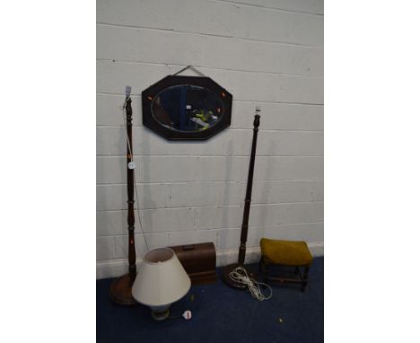 AN EARLY TWENTIETH CENTURY OAK FRAMED BEVELLED EDGE OAK MIRROR, together with two standard lamps and shades, ceramic lamp, ca