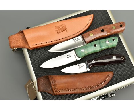 THREE SHEATH KNIVES by Alan Wood, two with holsters, Alan Wood is an English custom knife maker known for his exceptional han