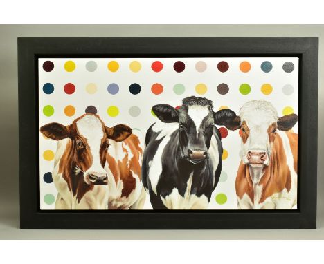 HAYLEY GOODHEAD (BRITISH CONTEMPORARY) 'DAMIENS HERD' a limited edition print on canvas of cows against a spotted background 