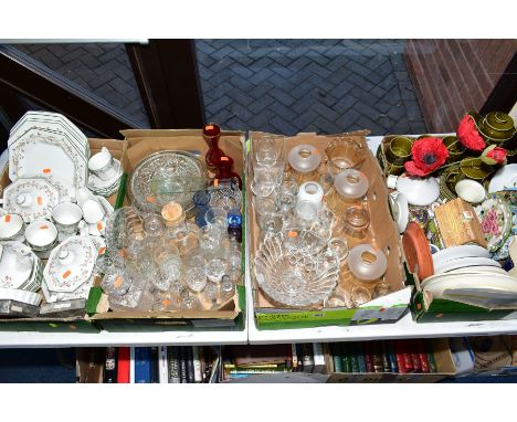 FOUR BOXES OF CERAMICS AND GLASS, to include Hornsea Heirloom coffee pot, six cups and saucers with milk jug, Johnson Brother