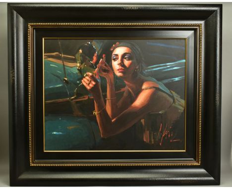 FABIAN PEREZ (ARGENTINA 1967) 'GLAMOUR IV', a portrait of a female figure applying lipstick in a car wing mirror, signed bott