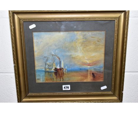 IN THE MANNER OF J.M.W.TURNER 'THE FIGHTING TEMERAIRE', an unsigned watercolour on paper, mounted, framed and glazed, approxi