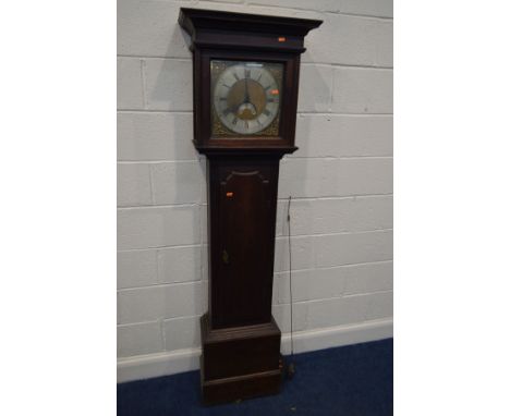 A GEORGE III OAK LONGCASE CLOCK, plain hood with glazed door enclosing a 9 1/2' brass and silvered dial, thirty hour movement