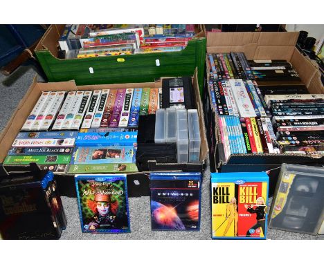 A BLUE PAINTED LLOYD LOOM STYLE TABLE AND THREE BOXES OF DVD'S AND VHS CASSETTES, the VHS are mostly Children's films and Tel