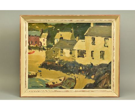 DONALD MCINTYRE R.I. R.C.A. R.S.M.A (BRITISH 1923-2009) 'A CORNER OF PORTHDINLLAEN' boats and cottages in the Welsh village, 