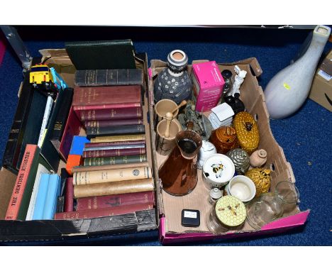 TWO BOXES OF SUNDRY ITEMS, to include ceramic, metal and wooden Honey Pots, a honey dispenser, inkwell and pen holder, a copp