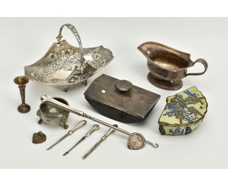 A BOX OF SILVER, WHITE METAL, PEWTER AND SILVER PLATE, etc, including a Chinese porcelain fan shaped box with metal mounts, a