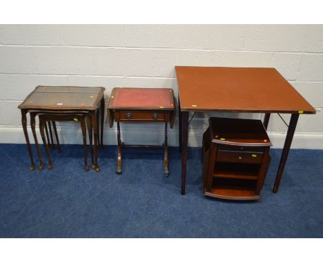 A MODERN MAHOGANY NEST OF THREE TABLES, together with a mahogany sofa table, folding card table and magazine rack (4)