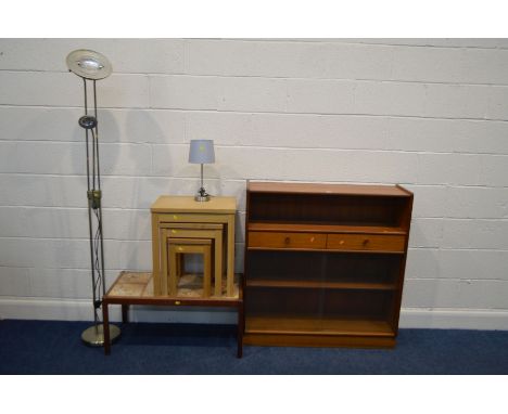 A NATHAN TEAK BOOKCASE with two drawers, width 102cm x depth 31cm x height 107cm together with an oak finish nest of three ta