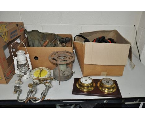 A TRAY AND BOX CONTAINING VINTAGE TOOLS, blow lamps, a barometer, a clock and a quantity of new Ear Defenders and two post sh