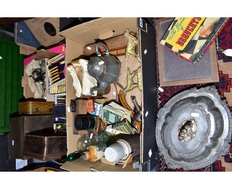 THREE BOXES OF CUTLERY, METALWARES, COLLECTABLES, ETC, including a copper warming pan on a wooden handle, boxes dominoes, cri