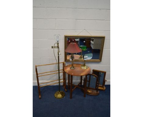 A MODERN GILT FRAMED BEVELLED EDGE WALL MIRROR, 98cm x 67cm, together with a teak circular occasional table, two toilet mirro