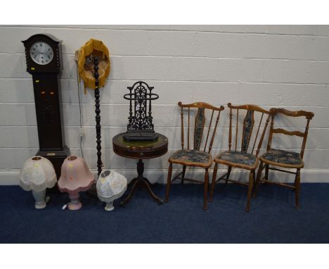 A QUANTITY OF OCCASIONAL FURNITURE to include a black cast iron umbrella stand, an early to mid twentieth century oak Grandau