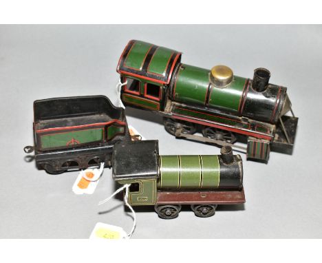 A KARL BUB TINPLATE CLOCKWORK LOCOMOTIVE AND TENDER, 0-4-0 locomotive with permanent key, playworn condition and appears to b