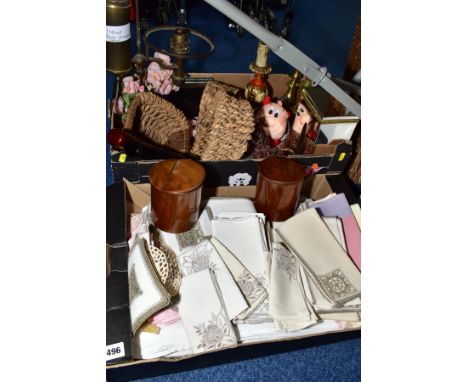 TWO BOXES AND LOOSE SUNDRY ITEMS, to include brass student's adjustable table lamp, pair brass candlesticks, two mag-lite tor