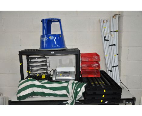 A DRAPER WHEELED STEP STOOL, a used Gazebo, a plastic five tier shelving 84cm wide x 40cm deep x approximately 170cm high, an