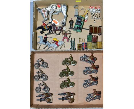A QUANTITY OF ASSORTED HOLLOWCAST AND OTHER FIGURES AND ACCESSORIES, to include Britains Royal Corps of Signals Motorcycle De