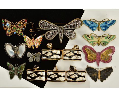 A COLLECTION OF BUTTERFLY BROOCHES AND A BRACELET, to include ten butterfly brooches of various designs such as blue, white, 