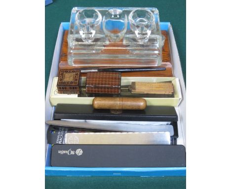 SUNDRY LOT OF WRITING ACCESSORIES INCLUDING DOUBLE INKWELLS, TILE QUILLS, LETTER OPENERS, MICRO MOSAIC BOX, SMALL SNUFF BOX, 