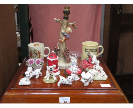 SMALL ROYAL DOULTON FIGURE GROUP, TWO MUGS, FLORAL ARRANGEMENT AND HUMMEL LAMP, PLUS ROYAL DOULTON AND OTHER DALMATIAN FIGURE