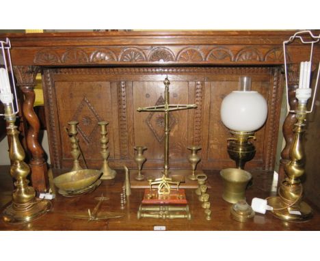 TWO SETS OF VINTAGE SCALES, PAIR OF OIL LAMPS AND VARIOUS BRASSWARE AND ALSO MODEL AIRCRAFT