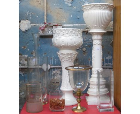 VARIOUS GLASS VASES AND TWO CERAMIC JARDINIERES ON STANDS, ETC. 